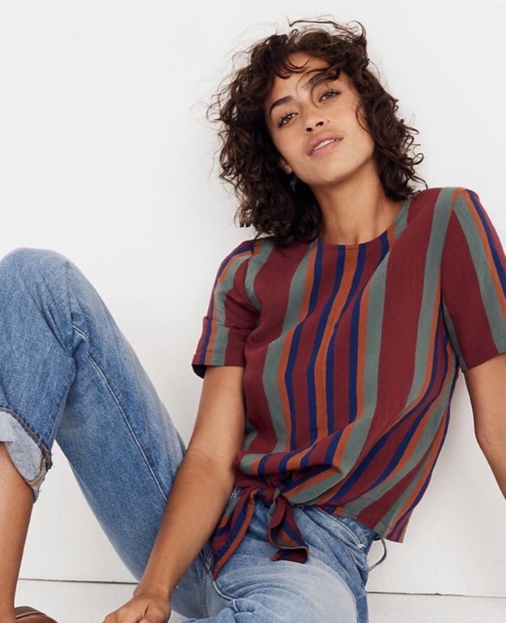 Madewell Rosalinda Stripe Button Back Top Small Tie Front Casual Indie Hipster